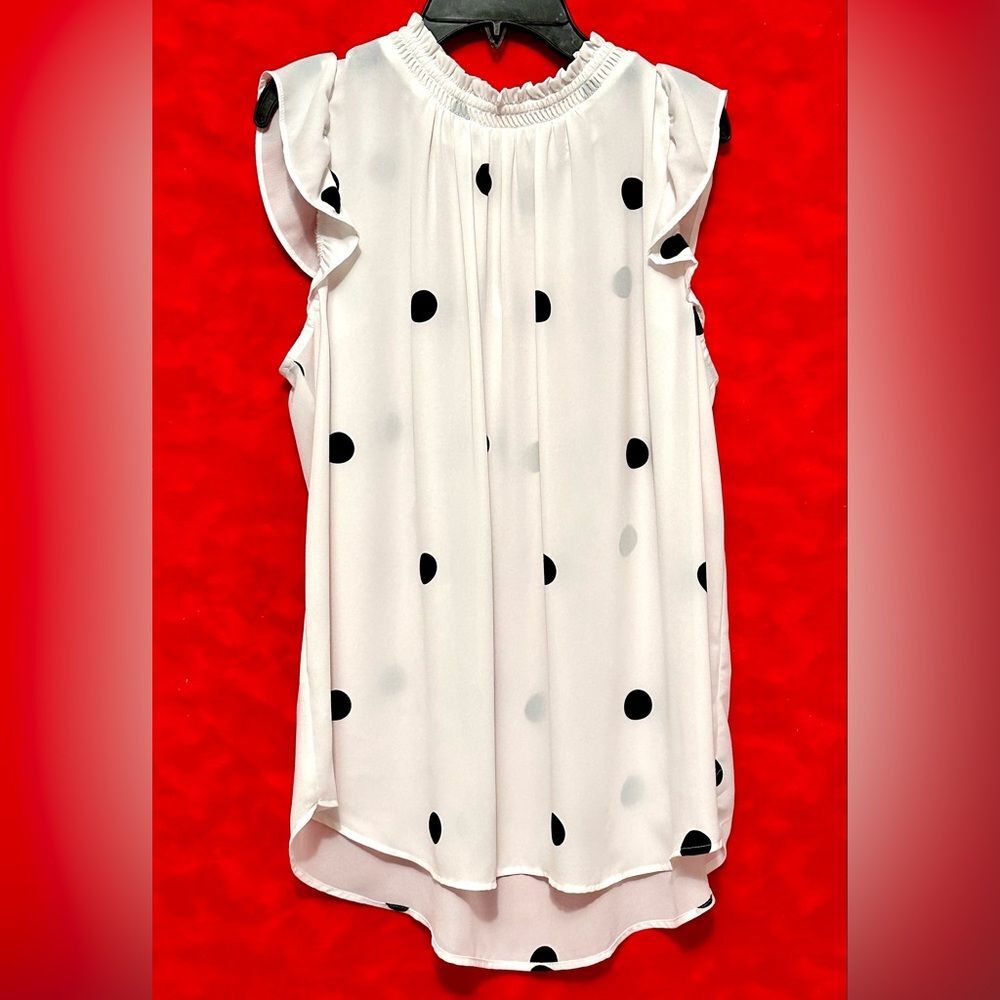 LOFT White Polka Dot Blouse Top Shirt Sleeveless Ruffle Shoulder & Collar L